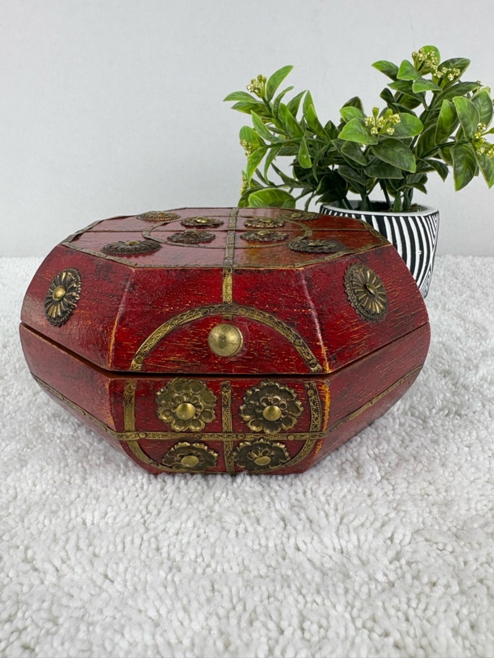 World Market Vintage Small Red Octagonal Box-Jewelry or Trinket Box